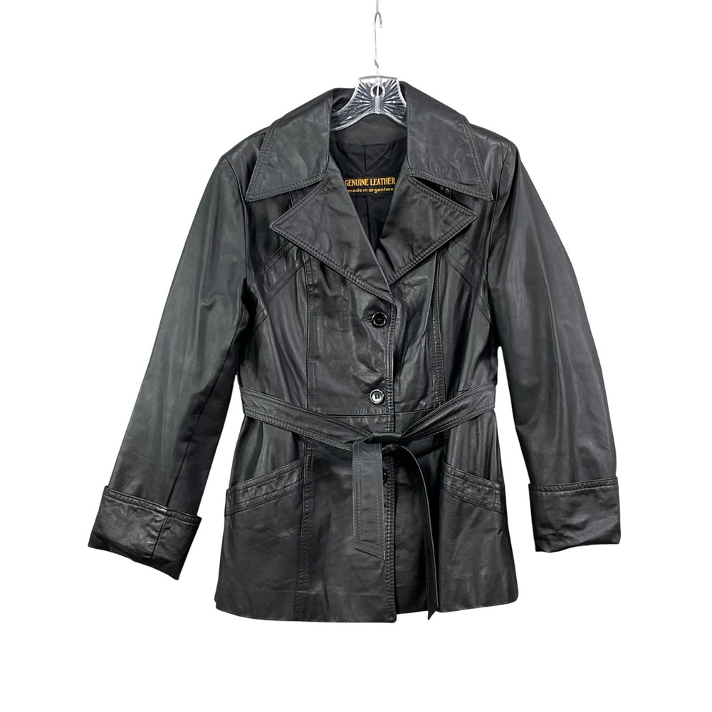 Unbranded Leather Trench Coat Womens 11/12 Black Belted Jacket Vintage Argentina